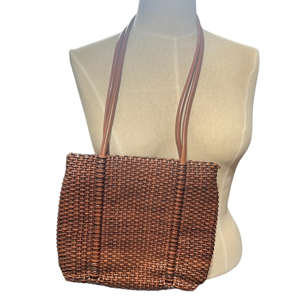 Vintage Nine West Dark Brown Bag Shoulder Purse Medium Beige Woven Tote 90s y2k